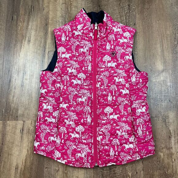 Ariat Down Puffer Vest Pink Horse Pattern Equestrian Full Zip XS/S *Read - Picture 1 of 10